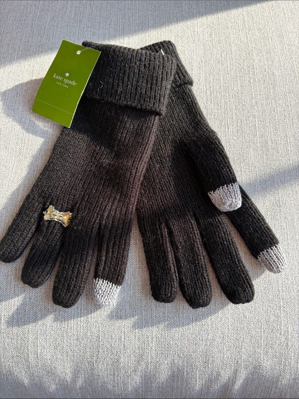 kate spade Black Knit Touchscreen Gloves with Gray Tips and Bow Charm